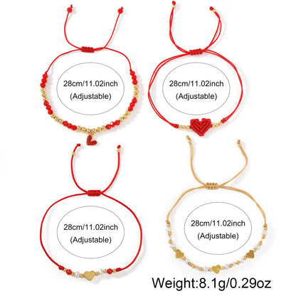 Boho Chic 4-Piece Red String & Gold-Tone Heart Bracelet Stack | Lightweight Adjustable Braided Cord Beaded Charm Bracelets Set Perfect for Daily Wear & Gifting