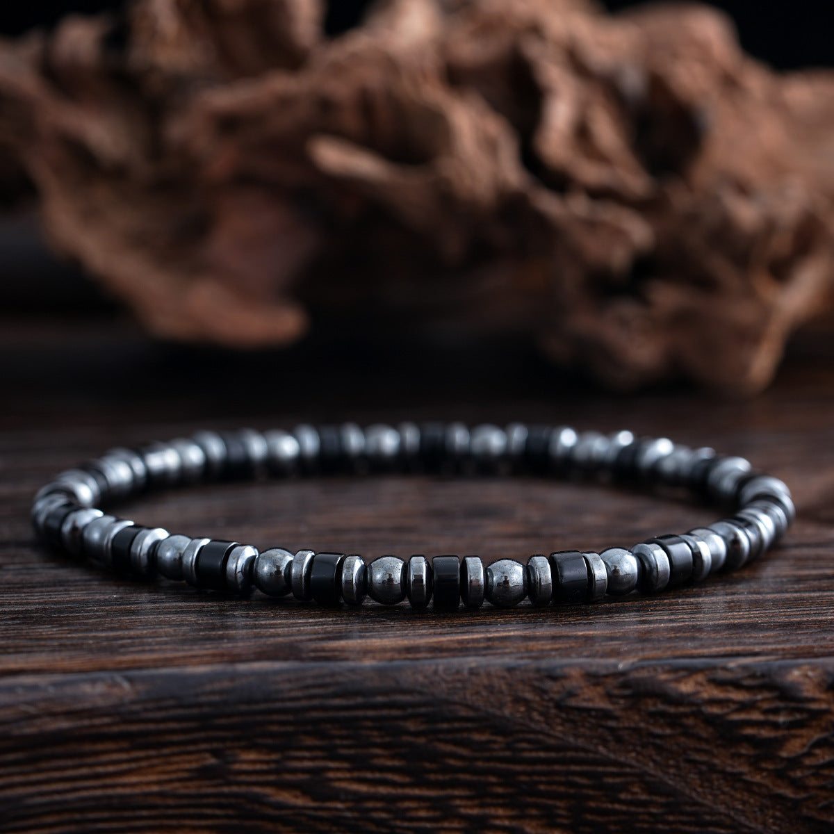 vintage black men’s bracelet – slim natural stone & gunmetal beaded wristband - star8s