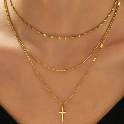 Stainless Steel Layered Cross Necklace for Women Gold Tone Multi Strand Layered Chain Necklace Dainty Bead Ball Chain Twisted Wave Choker Christian Cross Pendant Faith Jewelry Gift