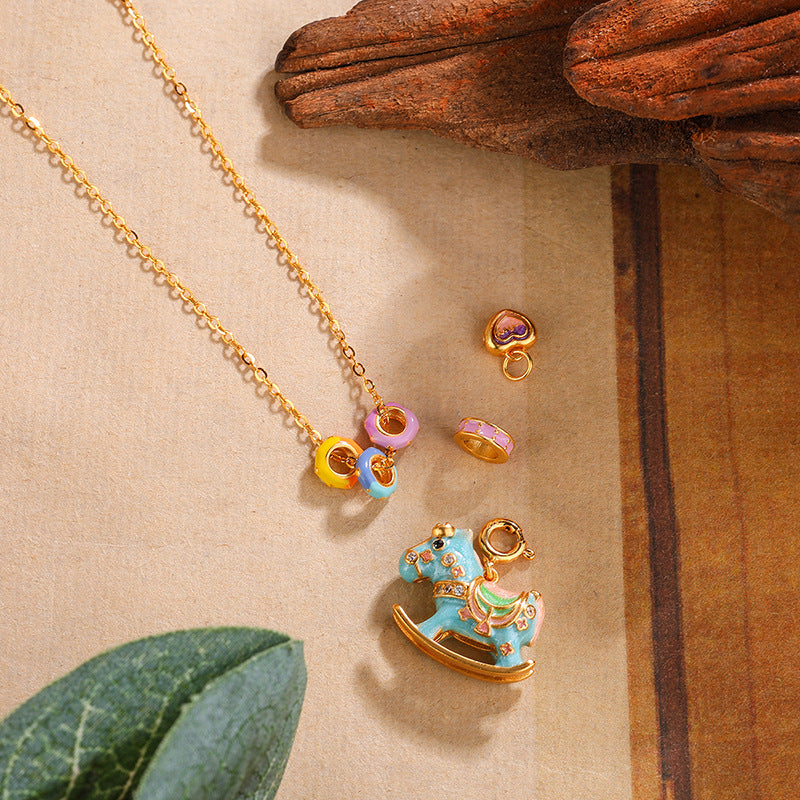 Chinese Zodiac Horse Silver Necklace – S925 Enamel Macaron Color Rocking Horse Pendant - STAR8S