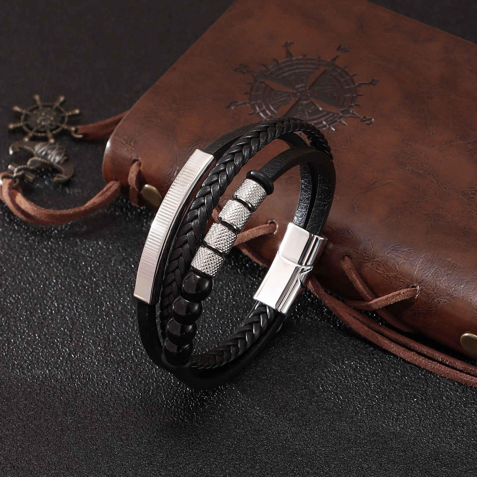 Men’s Buckle Bracelet – Multi-Layer Leather & Natural Stone Beads with Zinc-Alloy Magnetic Clasp - STAR8S