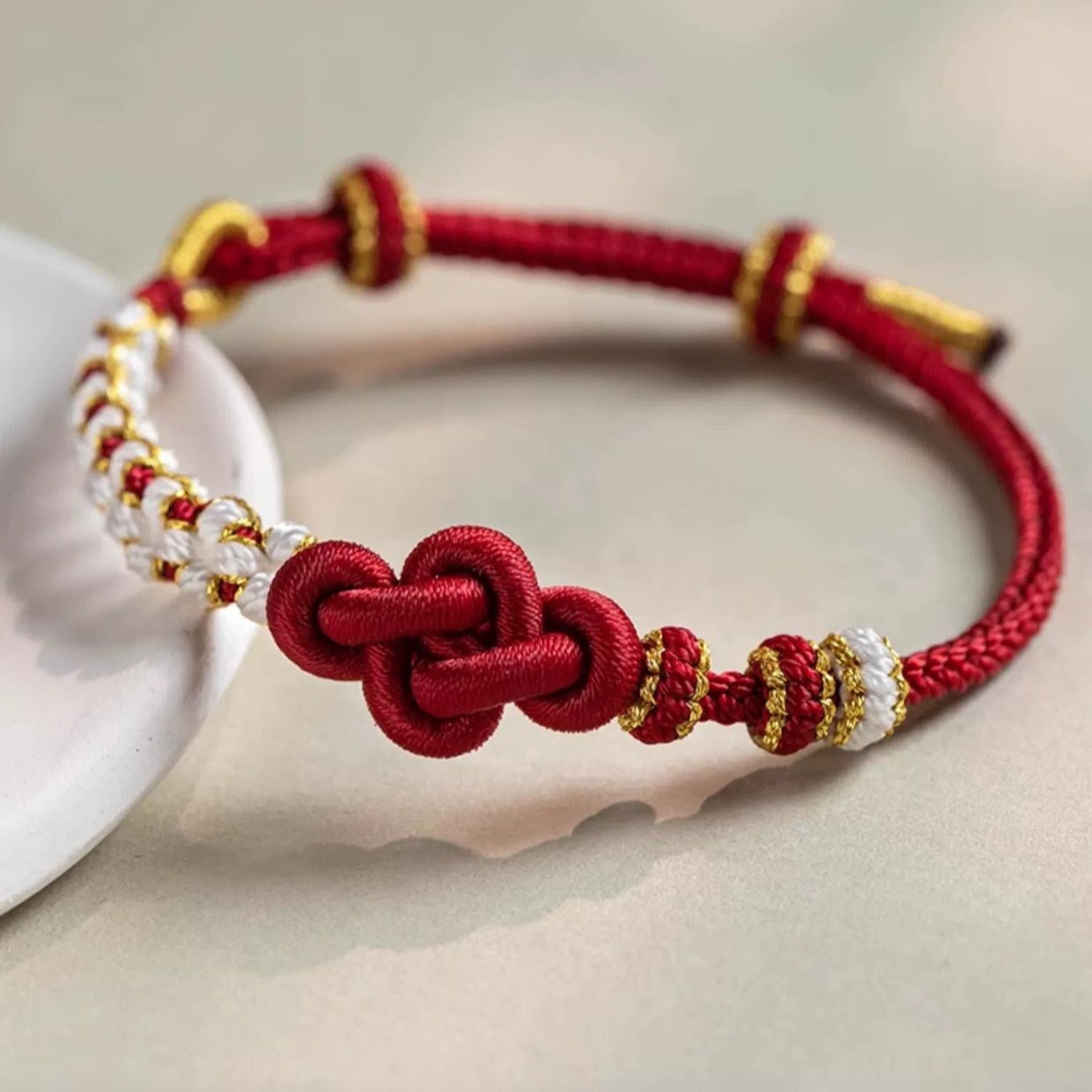 peach blossom knot red string bracelet | handmade with golden lily flower accents - good luck charm - star8s