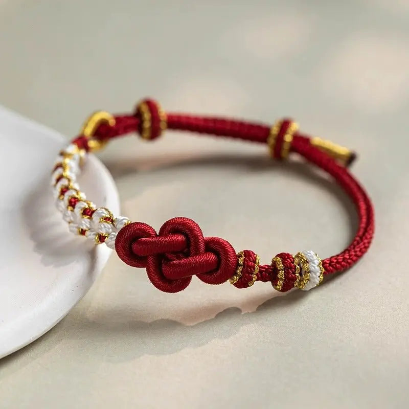 peach blossom knot red string bracelet | handmade with golden lily flower accents - good luck charm - star8s