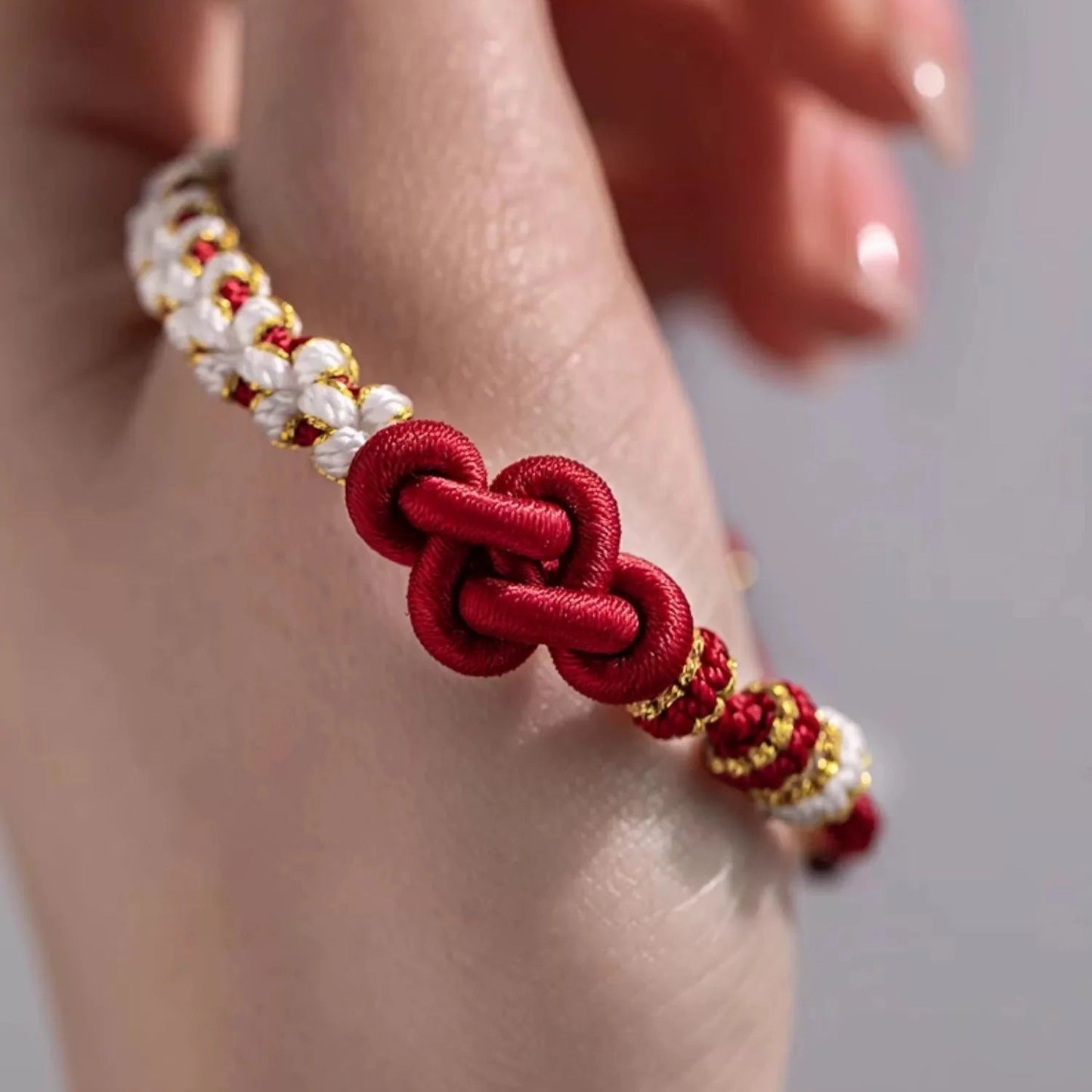 peach blossom knot red string bracelet | handmade with golden lily flower accents - good luck charm - star8s