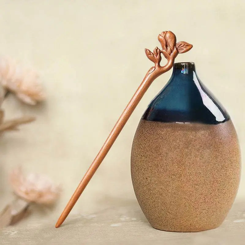 Peach Wood Vintage Chinese Hairpin for Stylish Bun & Gifting - STAR8S