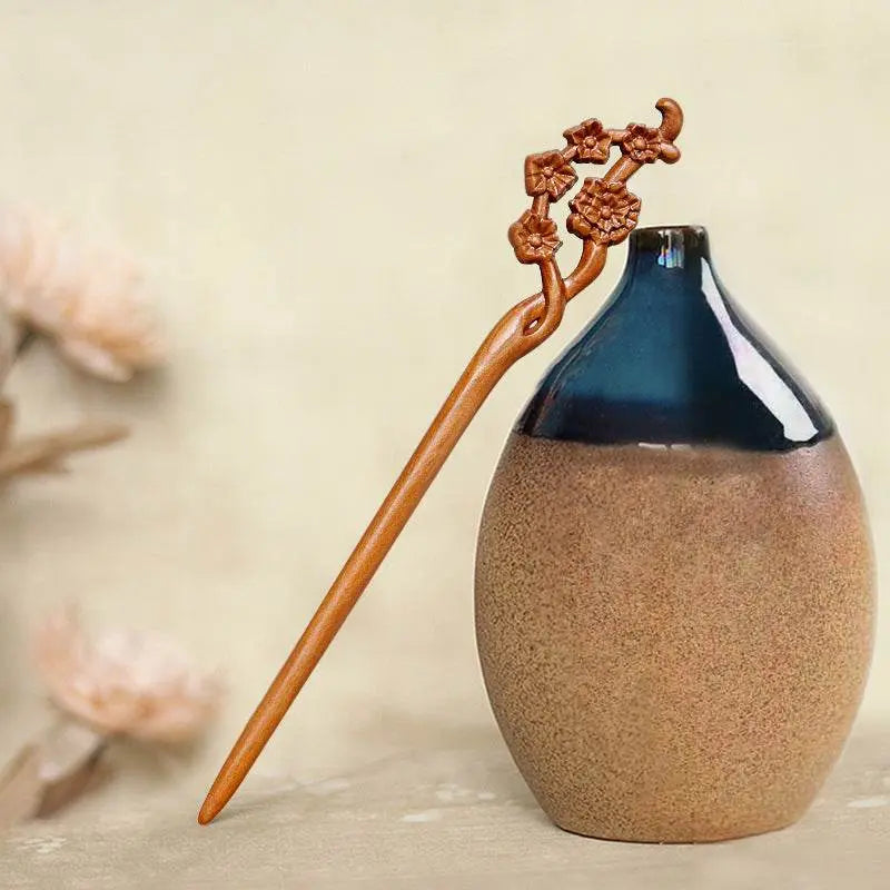 Peach Wood Vintage Chinese Hairpin for Stylish Bun & Gifting - STAR8S
