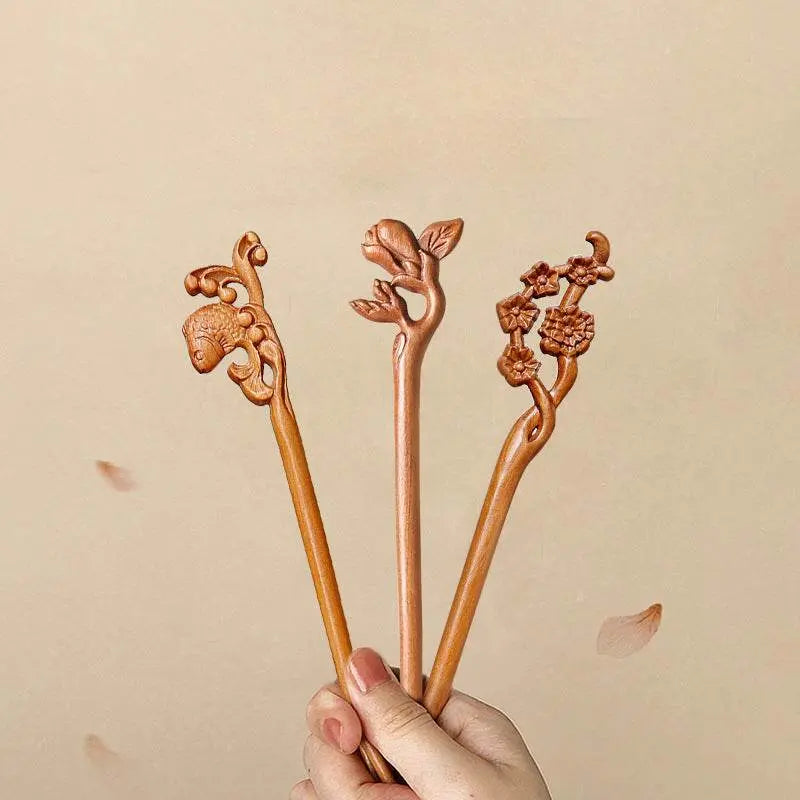 peach wood vintage chinese hairpin for stylish bun & gifting - star8s