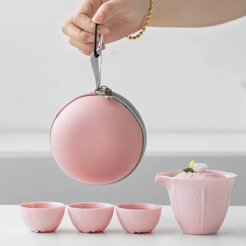 pink handmade pinched flower tea set portable camping kuaike gift set - star8s