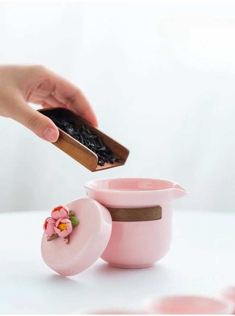 Pink Handmade Pinched Flower Tea Set Portable Camping Kuaike Gift Set - STAR8S
