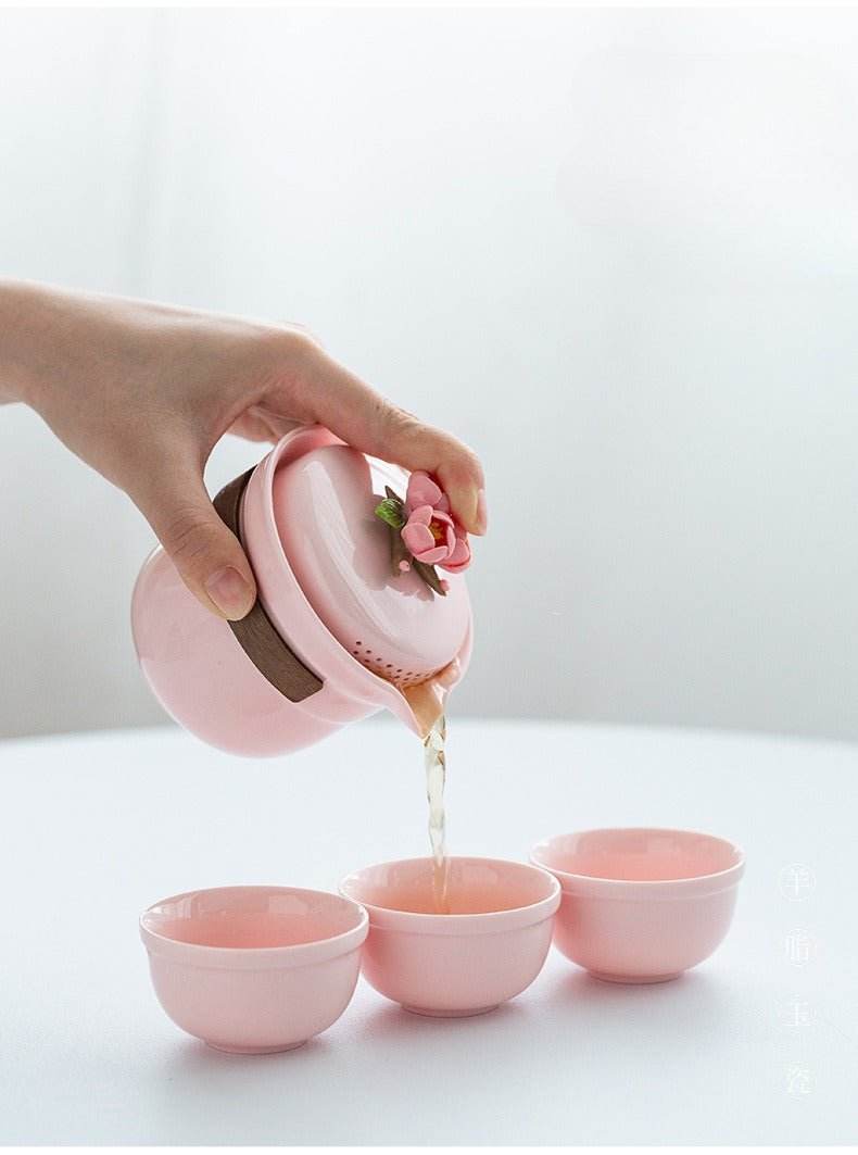 pink handmade pinched flower tea set portable camping kuaike gift set - star8s