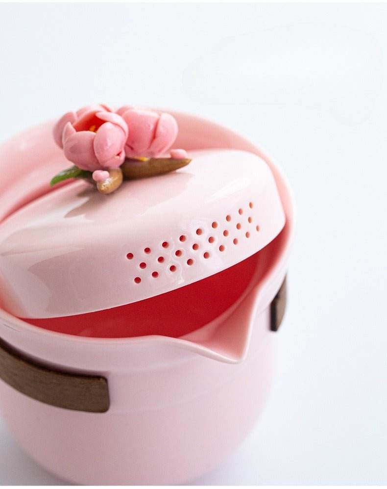 pink handmade pinched flower tea set portable camping kuaike gift set - star8s