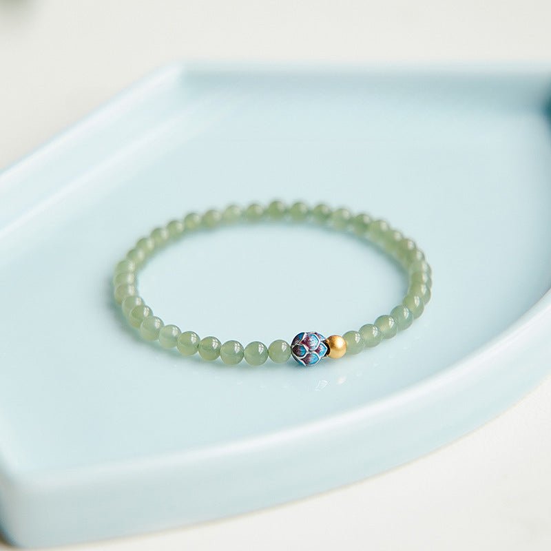pure lotus green jade beaded bracelet – natural hetian jade | 925 silver & cloisonné accent - star8s