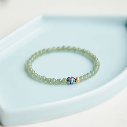Pure Lotus Green Jade Beaded Bracelet – Natural Hetian Jade | 925 Silver & Cloisonné Accent - STAR8S