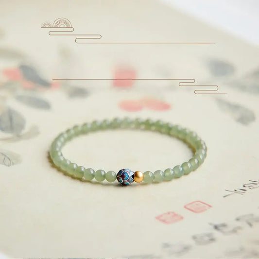 Pure Lotus Green Jade Beaded Bracelet – Natural Hetian Jade | 925 Silver & Cloisonné Accent - STAR8S