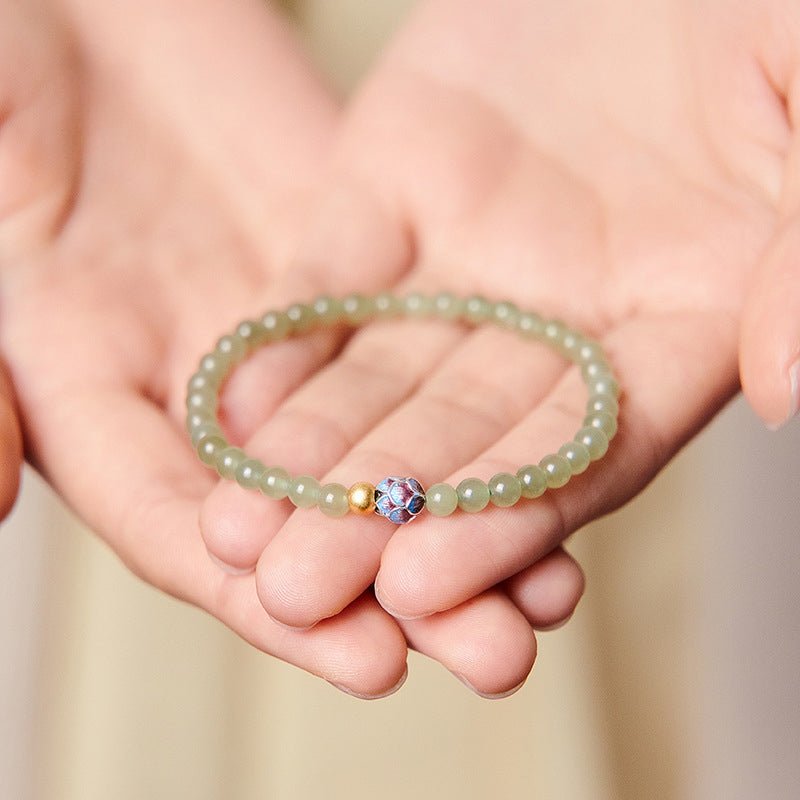 pure lotus green jade beaded bracelet – natural hetian jade | 925 silver & cloisonné accent - star8s