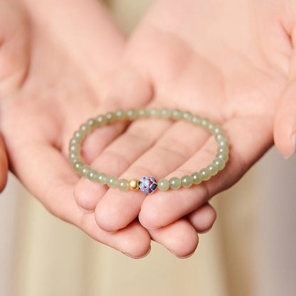 Pure Lotus Green Jade Beaded Bracelet – Natural Hetian Jade | 925 Silver & Cloisonné Accent - STAR8S