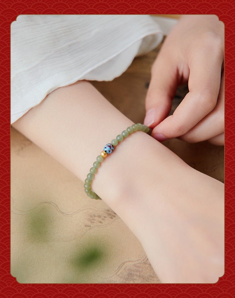 Pure Lotus Green Jade Beaded Bracelet – Natural Hetian Jade | 925 Silver & Cloisonné Accent - STAR8S