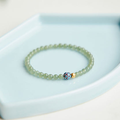 Pure Lotus Green Jade Beaded Bracelet – Natural Hetian Jade | 925 Silver & Cloisonné Accent - STAR8S