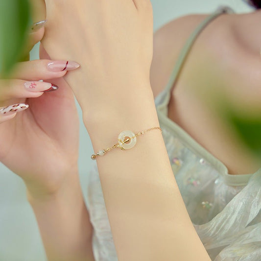 Real Jade Bracelet with Hetian Jade, 925 Silver, Bamboo, Safety Disc, and Leaf | STAR8S