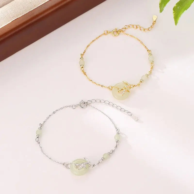 Real Jade Bracelet with Hetian Jade, 925 Silver, Bamboo, Safety Disc, and Leaf | STAR8S
