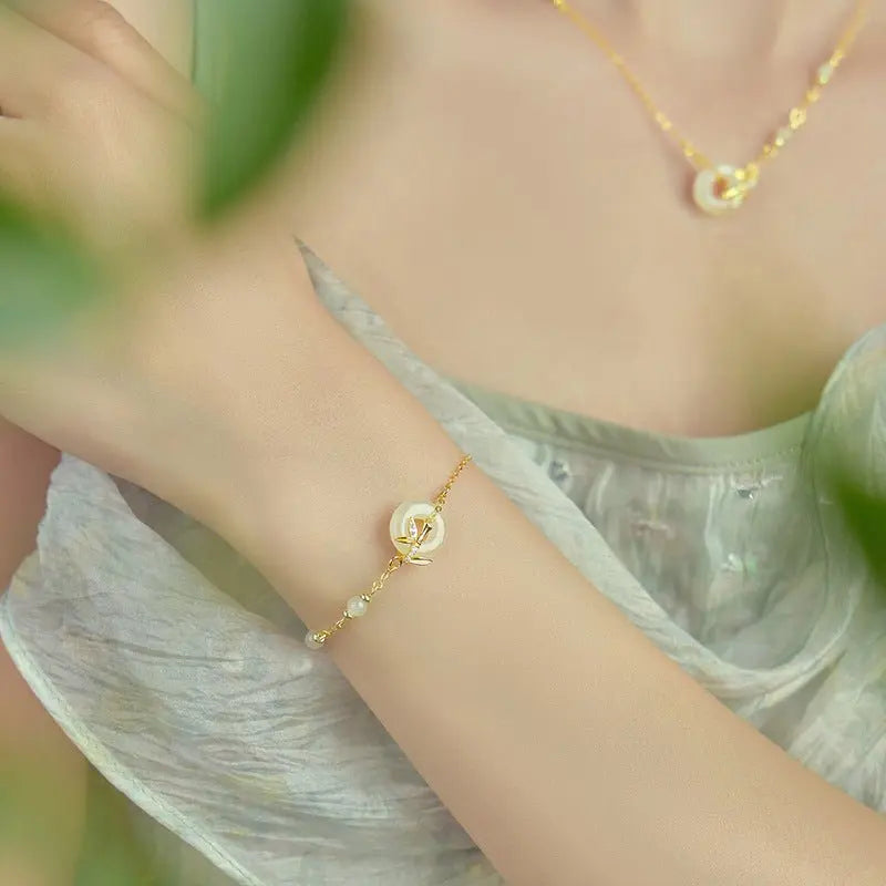 Real Jade Bracelet with Hetian Jade, 925 Silver, Bamboo, Safety Disc, and Leaf | STAR8S