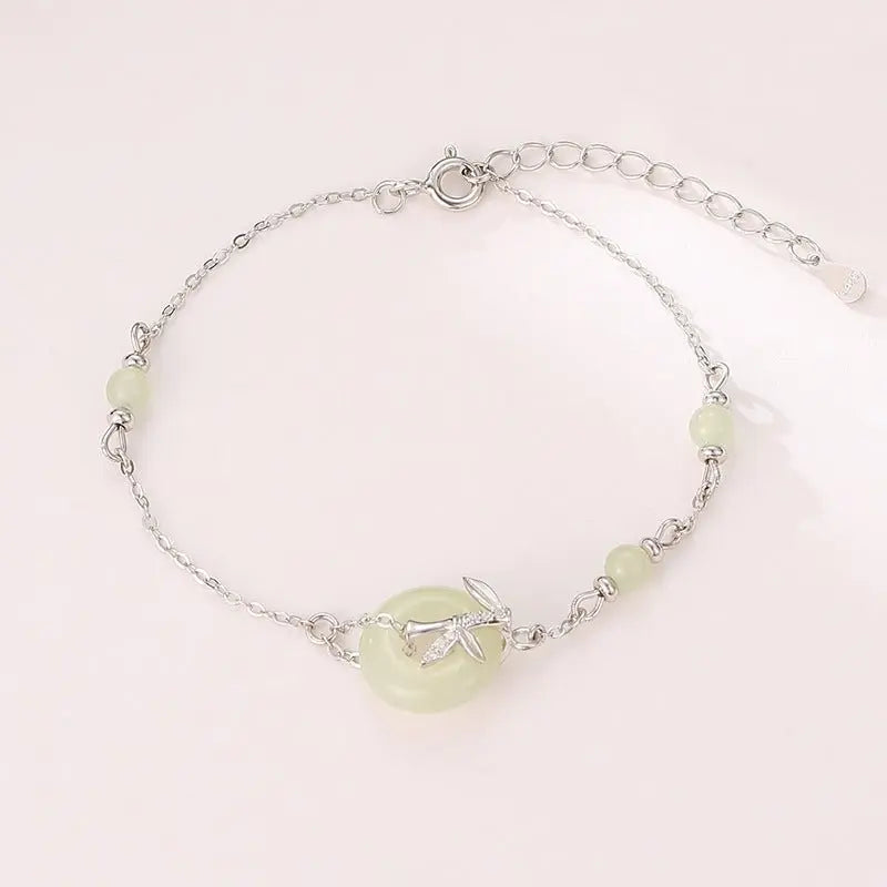 real jade bracelet with hetian jade, 925 silver, bamboo, safety disc, and leaf | star8s