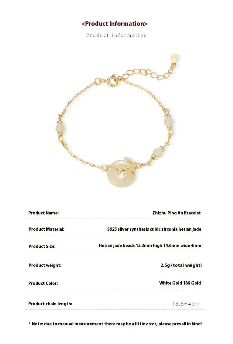 Real Jade Bracelet with Hetian Jade, 925 Silver, Bamboo, Safety Disc, and Leaf | STAR8S