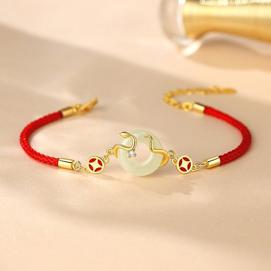 Real Jade Bracelet with Hetian Jade, 925 Silver, Snake, This Animal Year, Safety Disc, Coin | STAR8S