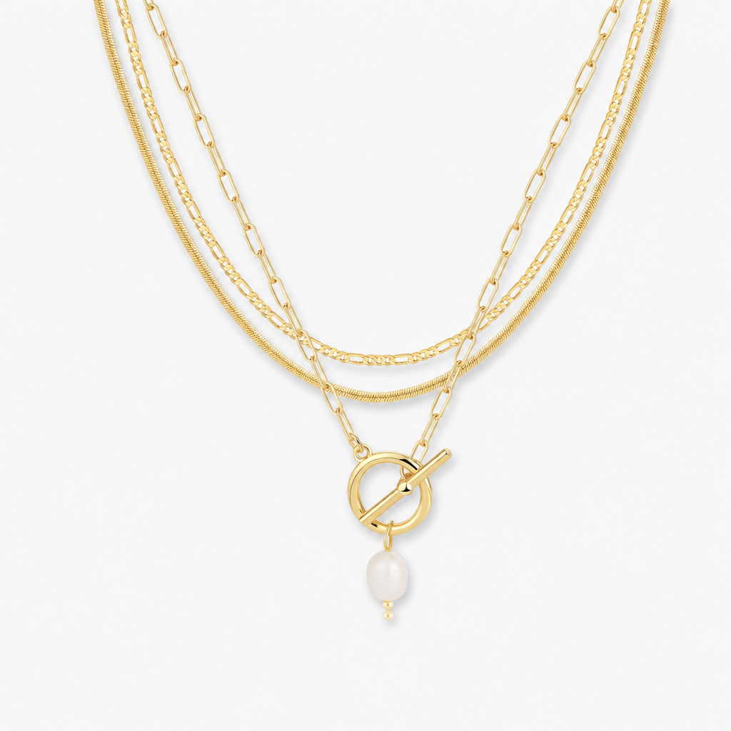 gold-tone layered necklace for women, multi strand figaro snake chain paperclip choker with ot toggle pearl pendant, trendy aesthetic dainty chunky stacking jewelry gift