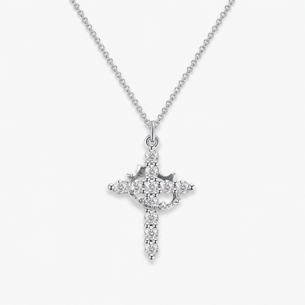 elegant crown cross pendant necklace silver plated brass dainty cz faith jewelry for daily wear special occasion gift