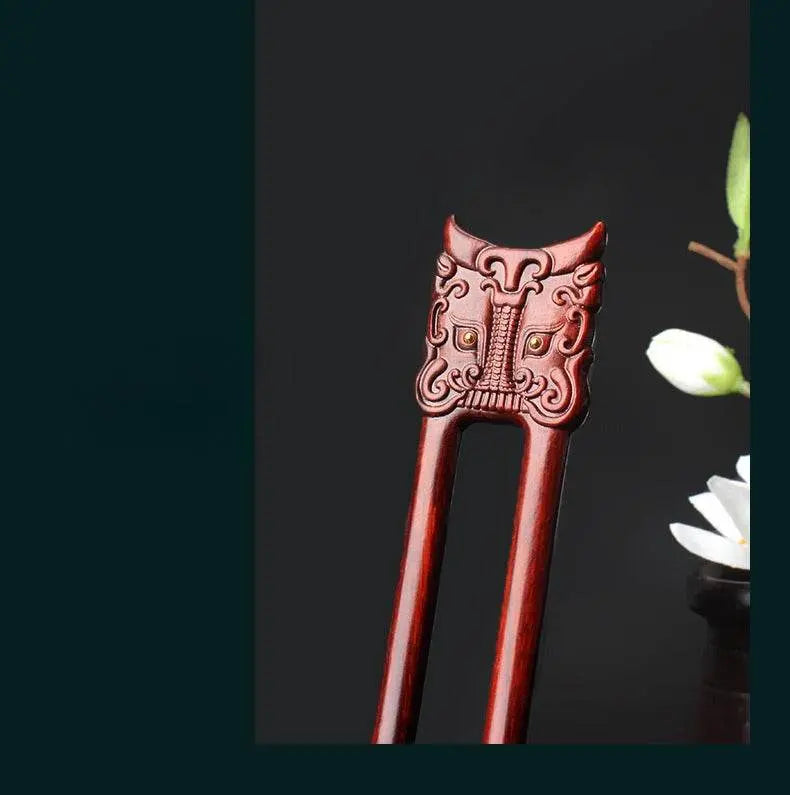 Red Sandalwood Handmade U - shaped Hairpin, Stylish for Bun & Vintage Look - STAR8S