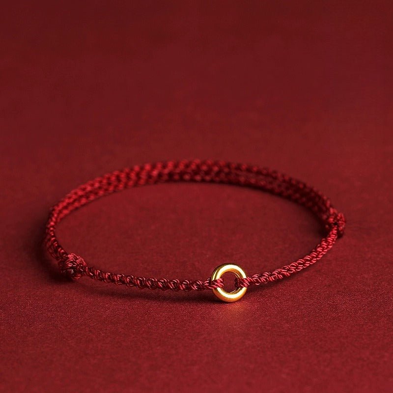 red string bracelet with gold ring - adjustable knot bracelet for protection and good fortune - star8s