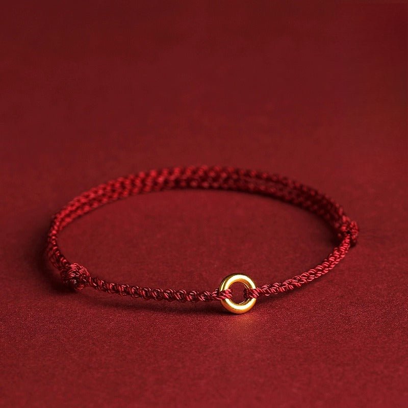 red string bracelet with gold ring - adjustable knot bracelet for protection and good fortune - star8s
