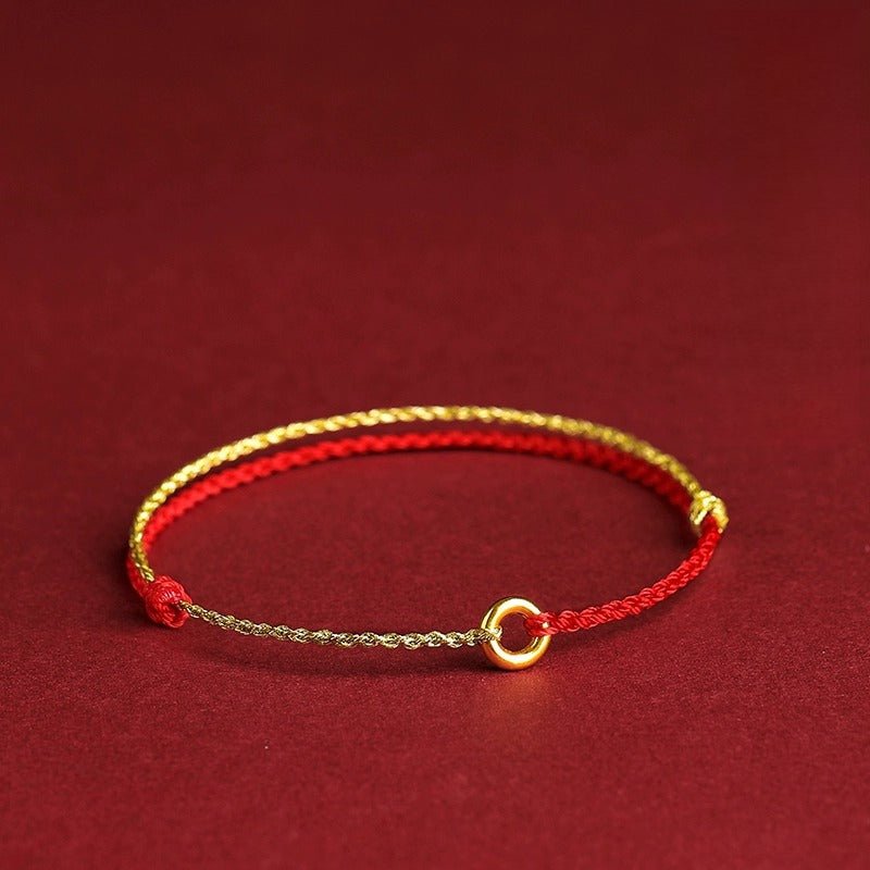 red string bracelet with gold ring - adjustable knot bracelet for protection and good fortune - star8s