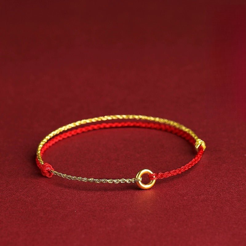 Red String Bracelet with Gold Ring - Adjustable Knot Bracelet for Protection and Good Fortune - STAR8S