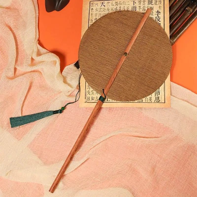 Redwood Long - handle Ancient - style Waist Fan, Rollable Rotatable Folding Round Fan - STAR8S