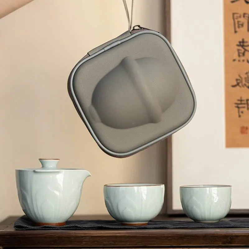 relief celadon lotus tea set portable for camping car use - star8s