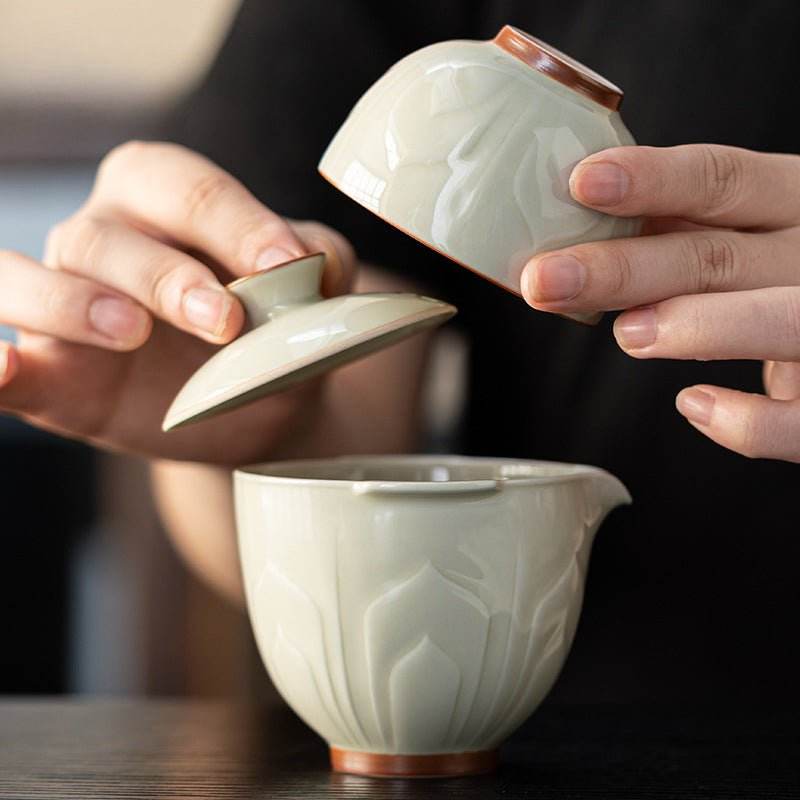 Relief Celadon Lotus Tea Set Portable for Camping Car Use - STAR8S