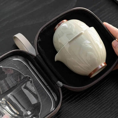 Relief Celadon Lotus Tea Set Portable for Camping Car Use - STAR8S