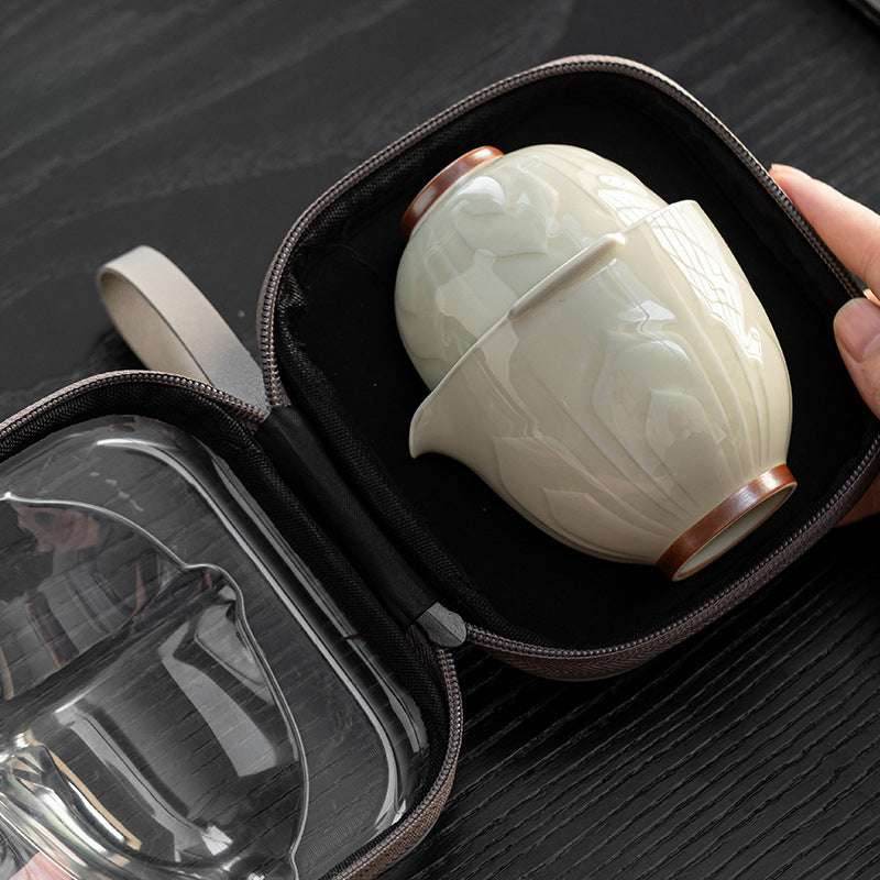 Relief Celadon Lotus Tea Set Portable for Camping Car Use - STAR8S