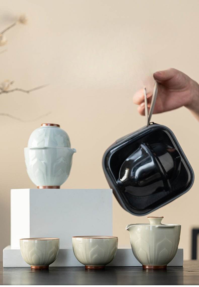 relief celadon lotus tea set portable for camping car use - star8s