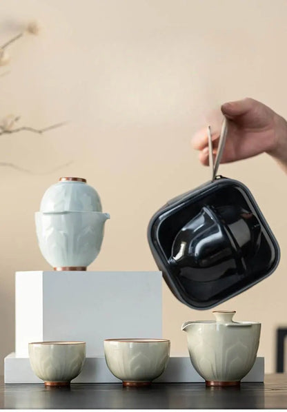 Relief Celadon Lotus Tea Set Portable for Camping Car Use - STAR8S