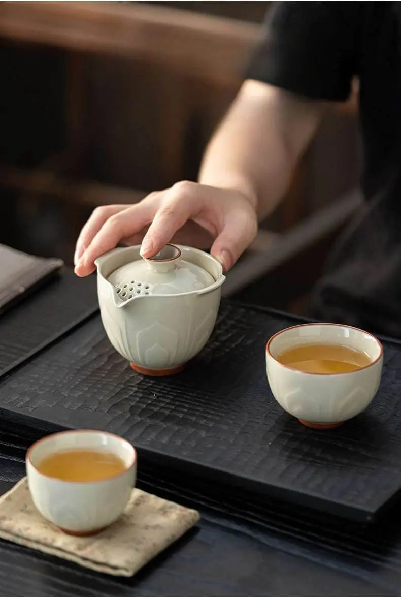 Relief Celadon Lotus Tea Set Portable for Camping Car Use - STAR8S