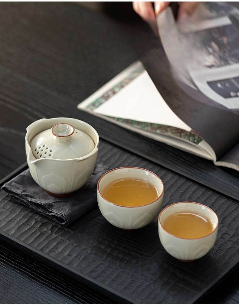relief celadon lotus tea set portable for camping car use - star8s
