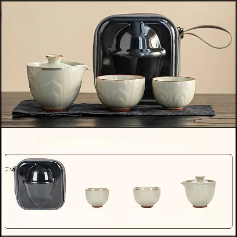 relief celadon lotus tea set portable for camping car use - star8s