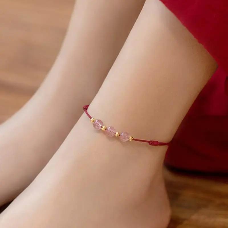 STAR8S Strawberry Crystal Beads Luck Red String Anklet: Chinese - style Romantic Lucky Accessory STAR8S