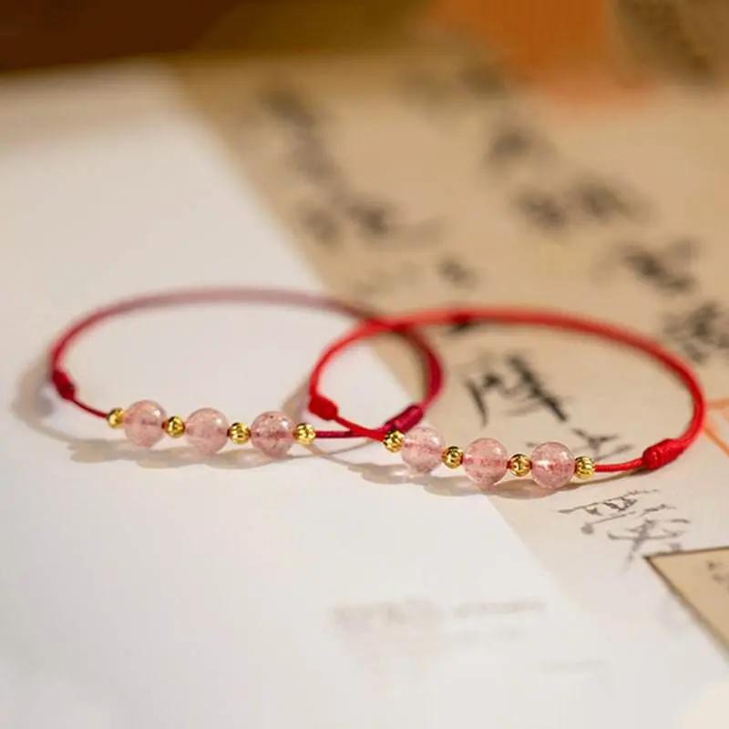 STAR8S Strawberry Crystal Beads Luck Red String Anklet: Chinese - style Romantic Lucky Accessory STAR8S