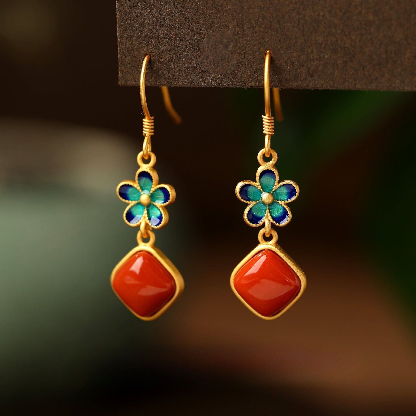 silver earrings: enamel petal + nanjiang red agate | star8s