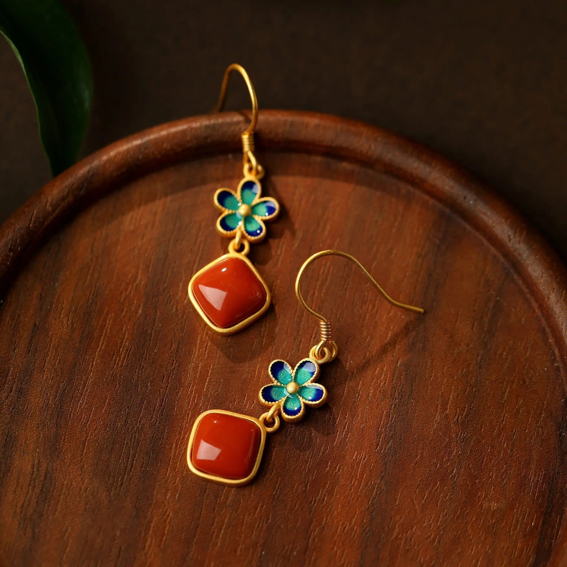 Silver Earrings: Enamel Petal + Nanjiang Red Agate | STAR8S