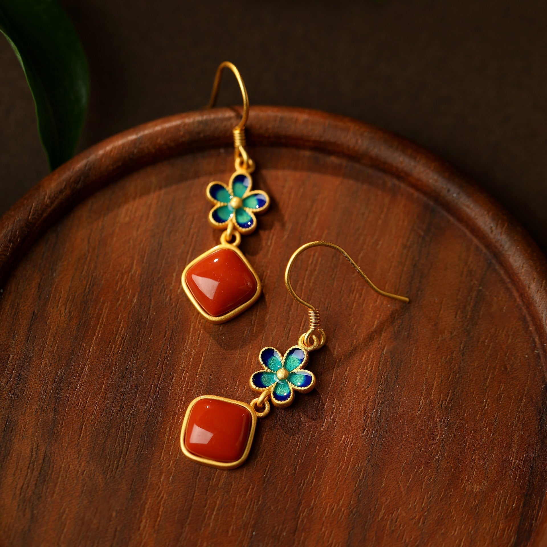 Silver Earrings: Enamel Petal + Nanjiang Red Agate | STAR8S